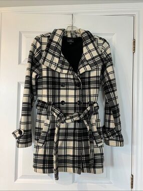 Black & White Plaid Pea Coat with Belt